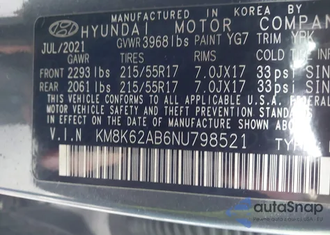 2022 Hyundai Kona Sel from USA, damaged, VIN KM8K62AB6NU798521